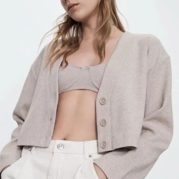 Zara Button-Up Cropped Cardigan Top Small - Picture 3 of 4